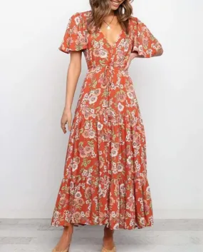 Abito lungo da donna elegante con scollo a V floreale 2022 Abito estivo da spiaggia a pieghe per le vacanze a vita alta vintage