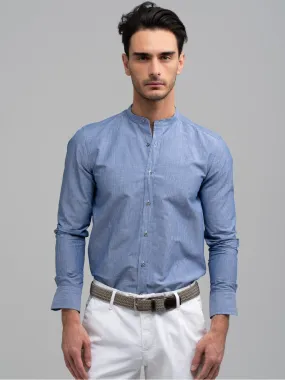 Camicia uomo blu misto lino a righe collo coreano