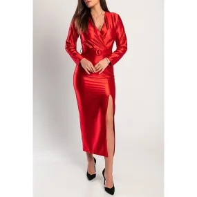 Elegante abito midi in simil raso, rosso