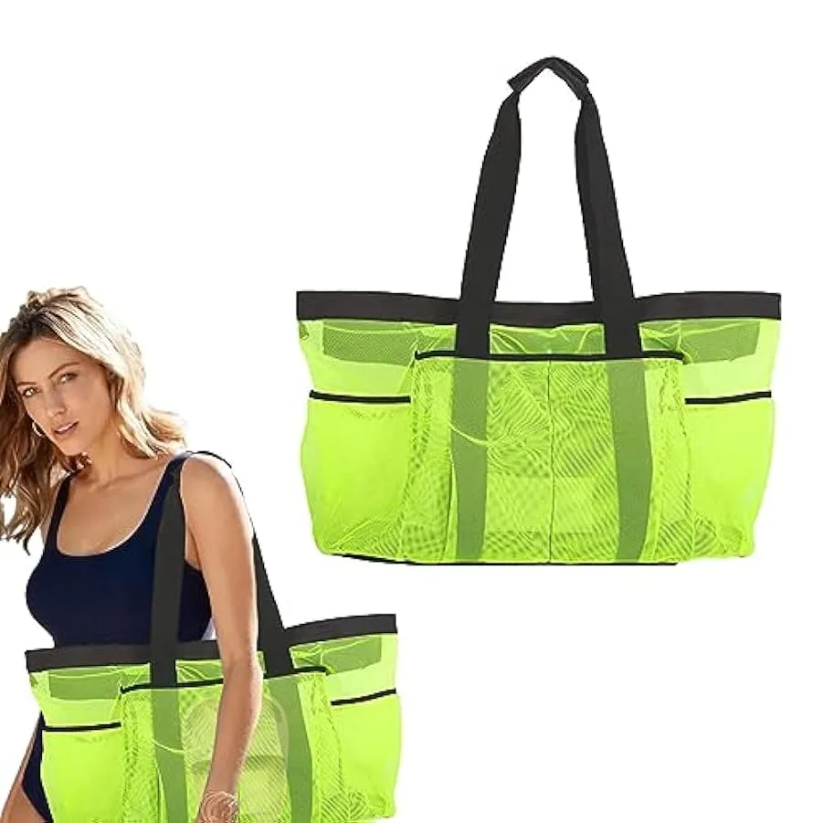 heshi Borsa da spiaggia in rete – Borsa da spiaggia oversize – Borsa per asciugamani da spiaggia in nylon con 8 tasche con cerni