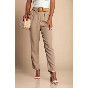 Pantaloni lunghi con cintura decorativa, beige