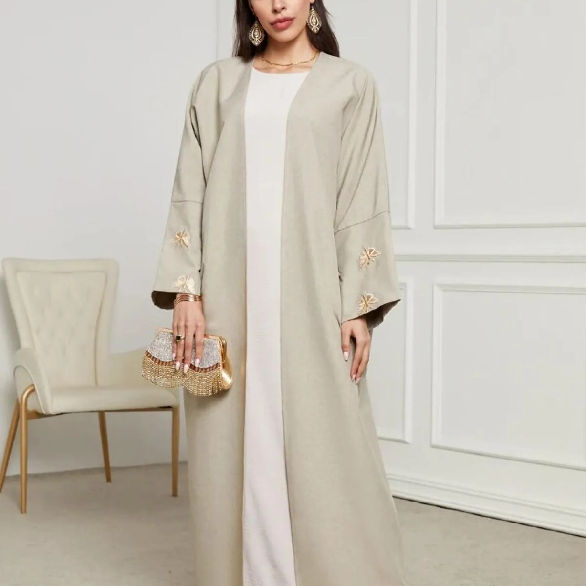 Ricamo a farfalla Abaya aperto con Hijab Donna Kimono musulmano Musulmano Eid Ramadan Elegante abito cardigan Islam Arabo Lungo