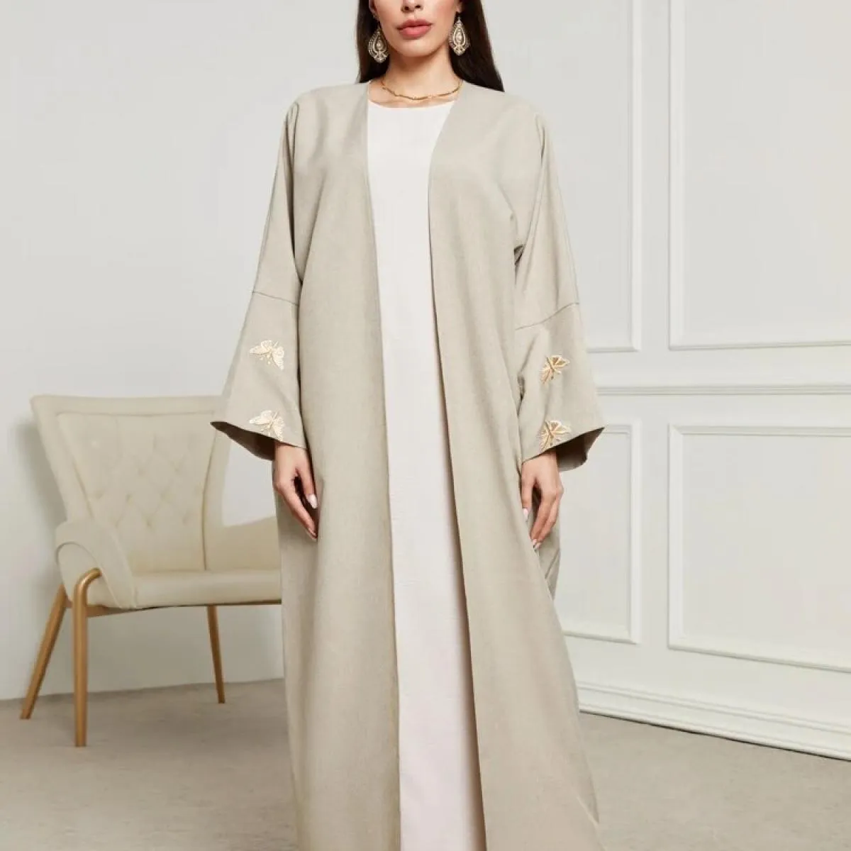 Ricamo a farfalla Abaya aperto con Hijab Donna Kimono musulmano Musulmano Eid Ramadan Elegante abito cardigan Islam Arabo Lungo