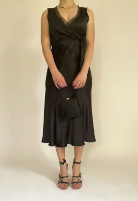 Slip dress vintage anni 2000 in raso nero e dettagli in georgette di seta