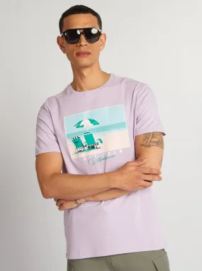 T-shirt in cotone stampato con scollo tondo - VIOLA